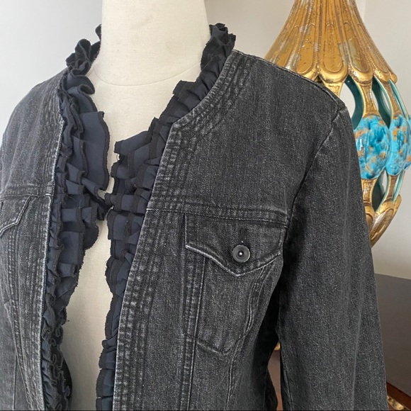 INC black ruffled crop stretchy Jean jacket M - Picture 2 of 7